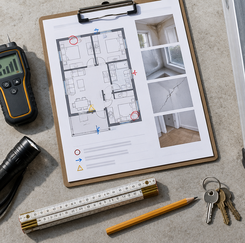 Property inspection kit laid out with report, moisture meter, torch and keys