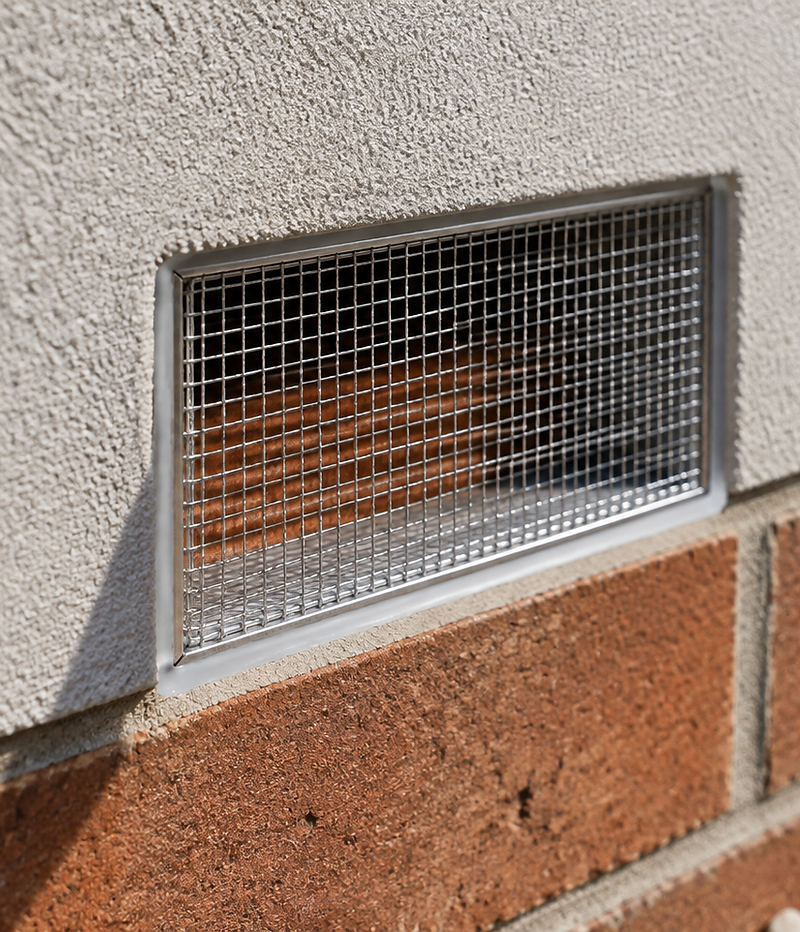 Insect mesh and sealant detail at a brick wall penetration