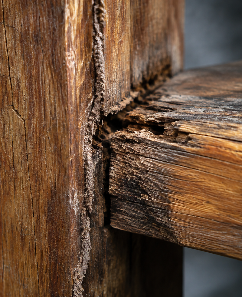 Macro detail of weathered hardwood showing surface checking and moisture damage
