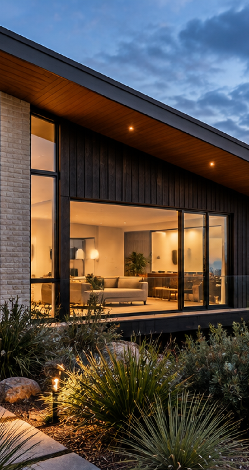 Modern two-storey Australian coastal home at dusk with deep eaves and warm interior lighting