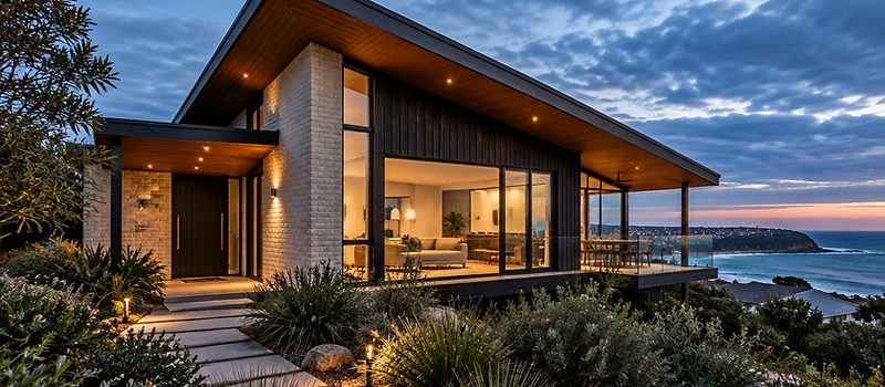 Modern two-storey Australian coastal home at dusk with deep eaves and warm interior lighting