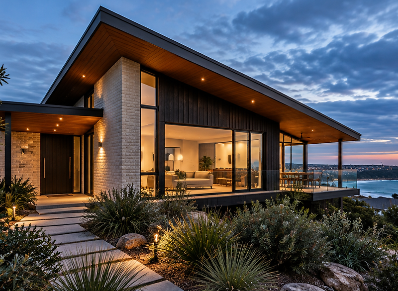 Modern two-storey Australian coastal home at dusk with deep eaves and warm interior lighting