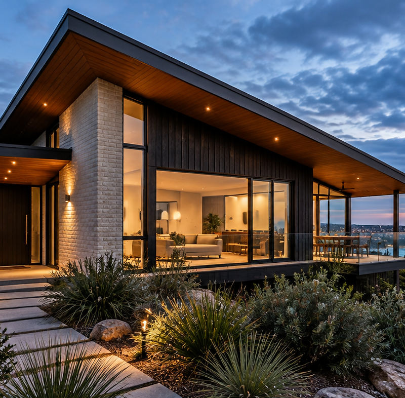 Modern two-storey Australian coastal home at dusk with deep eaves and warm interior lighting