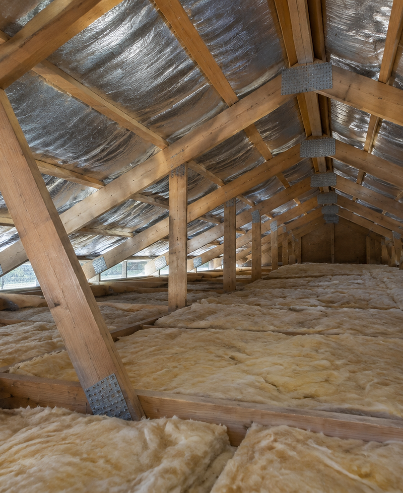 Timber roof trusses and sarking inside an accessible roof void
