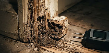Termite mud tubes and hollowed timber skirting with a moisture meter probe