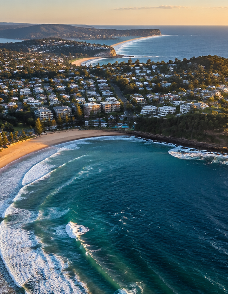 Aerial view of Terrigal beach and headland on the Central Coast