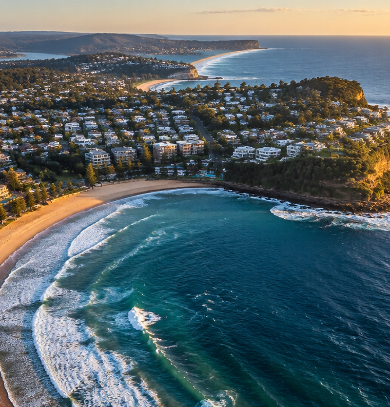 Aerial view of Terrigal beach and headland on the Central Coast