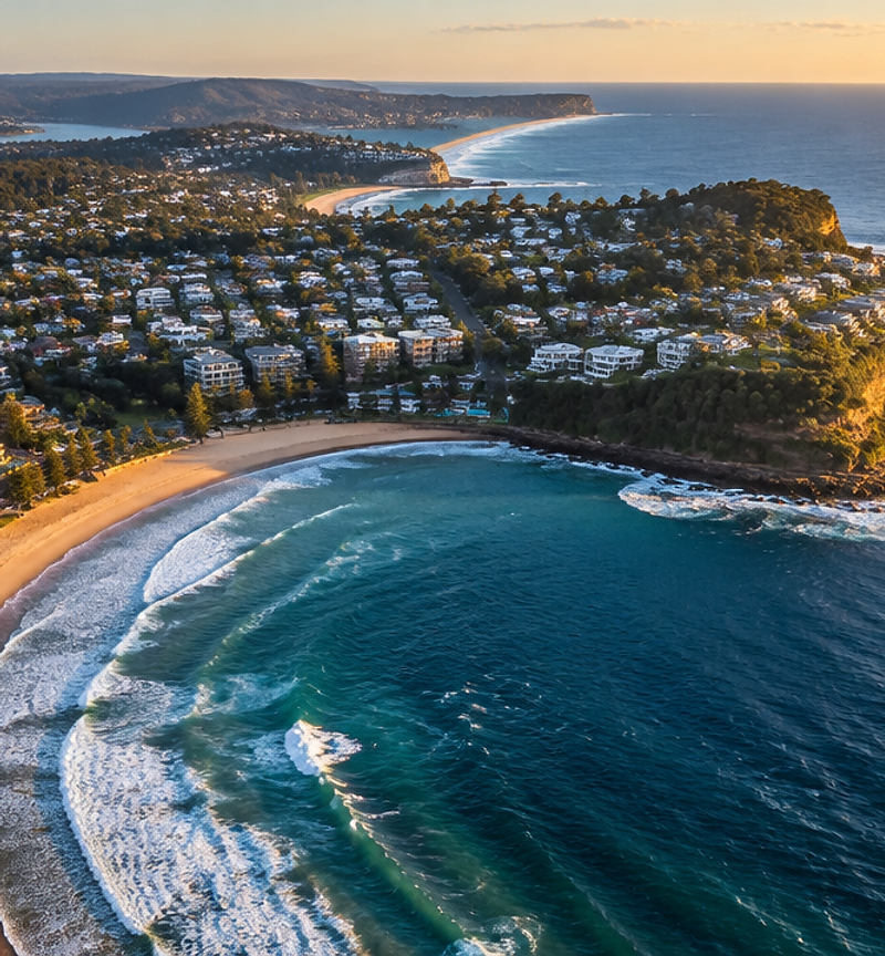 Aerial view of Terrigal beach and headland on the Central Coast