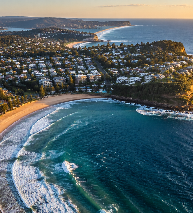 Aerial view of Terrigal beach and headland on the Central Coast