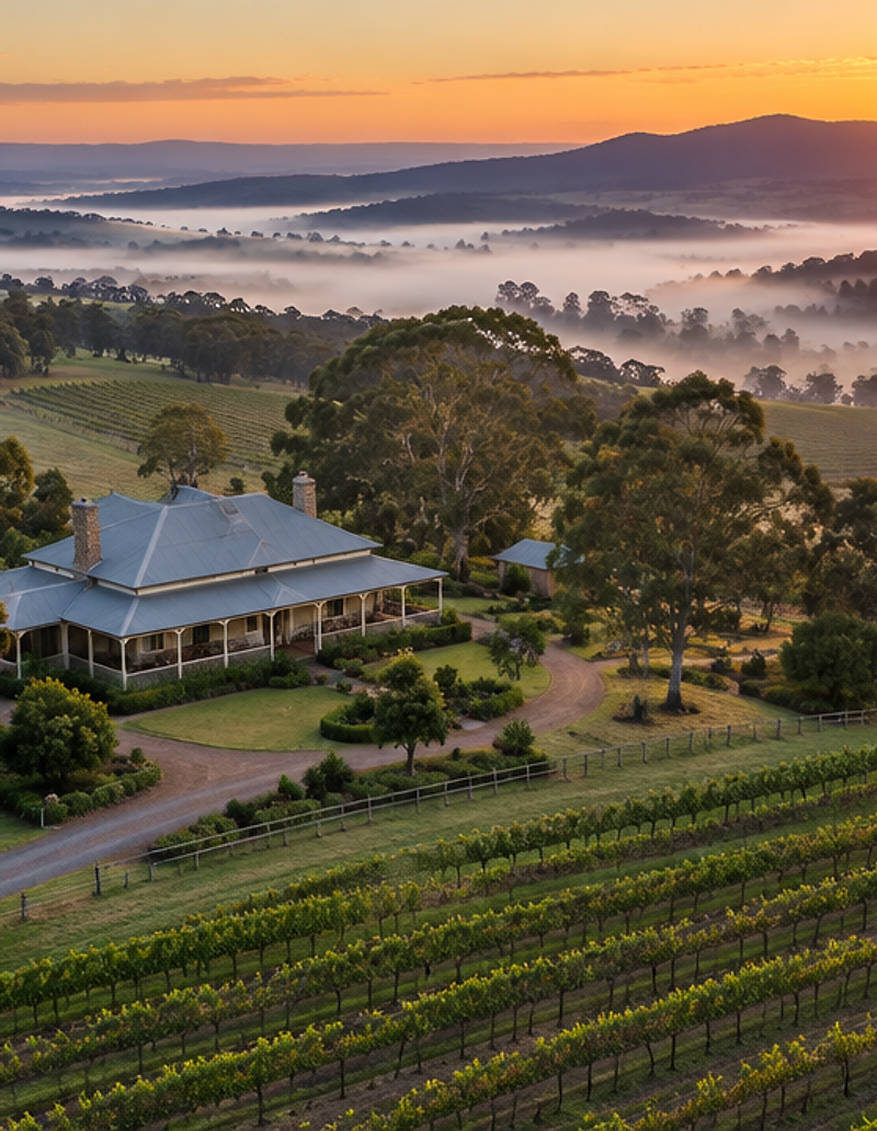 Rural homestead among vineyards in the Hunter Valley at sunrise