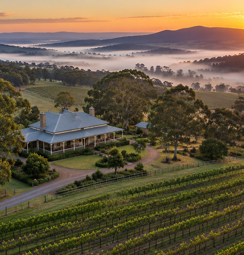 Rural homestead among vineyards in the Hunter Valley at sunrise