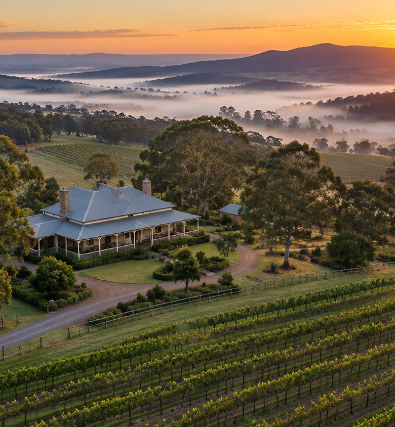 Rural homestead among vineyards in the Hunter Valley at sunrise