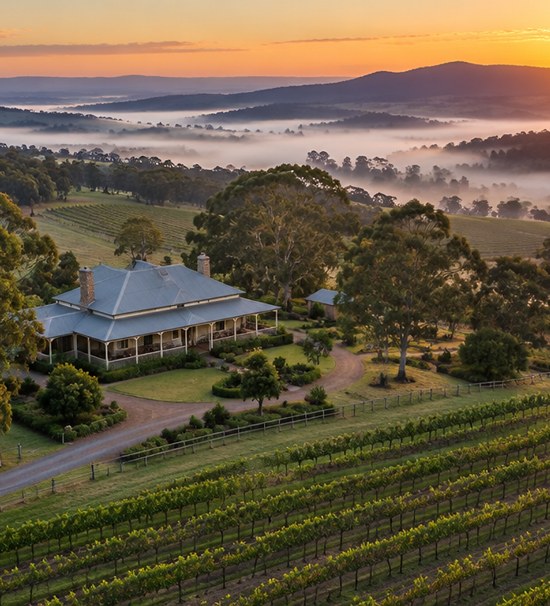 Rural homestead among vineyards in the Hunter Valley at sunrise