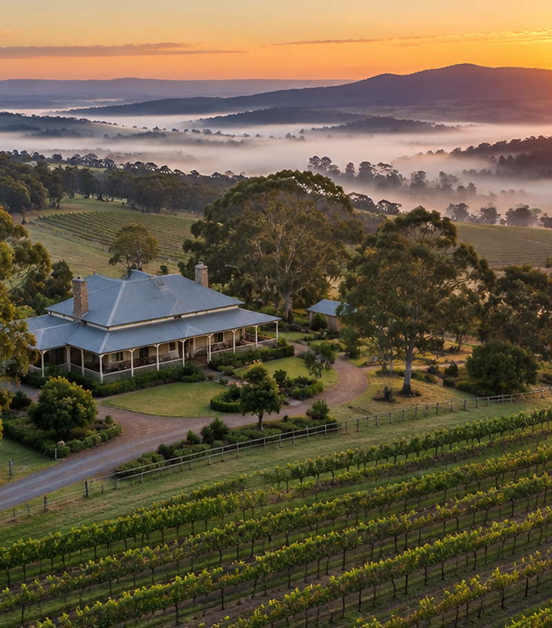 Rural homestead among vineyards in the Hunter Valley at sunrise