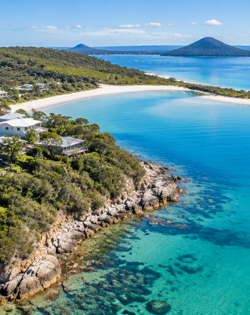 Coastal bay and sand spit at Port Stephens from the air