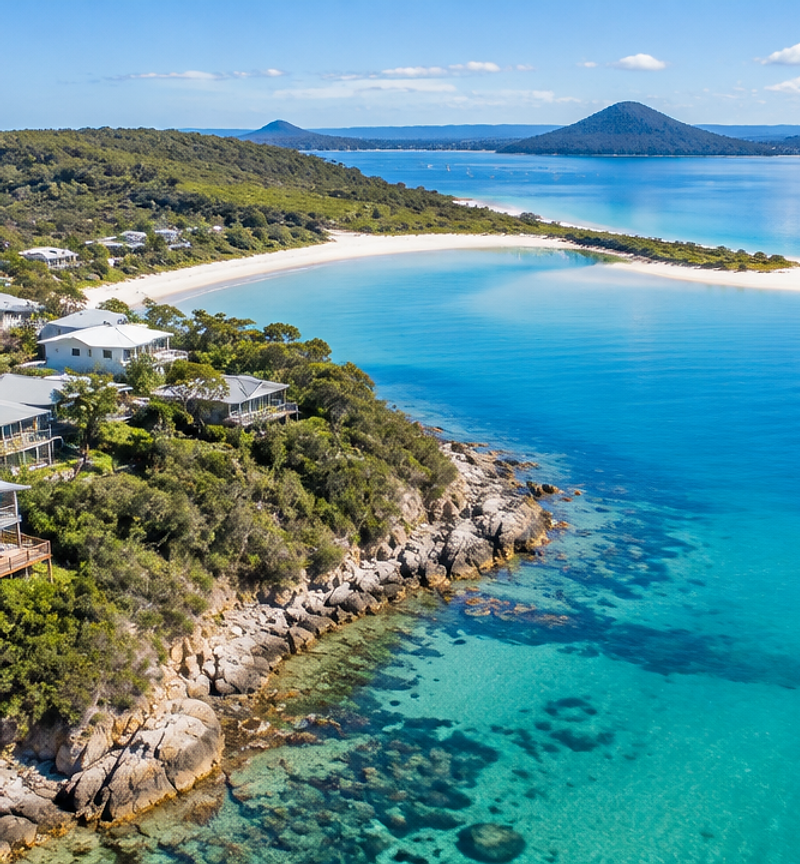 Coastal bay and sand spit at Port Stephens from the air