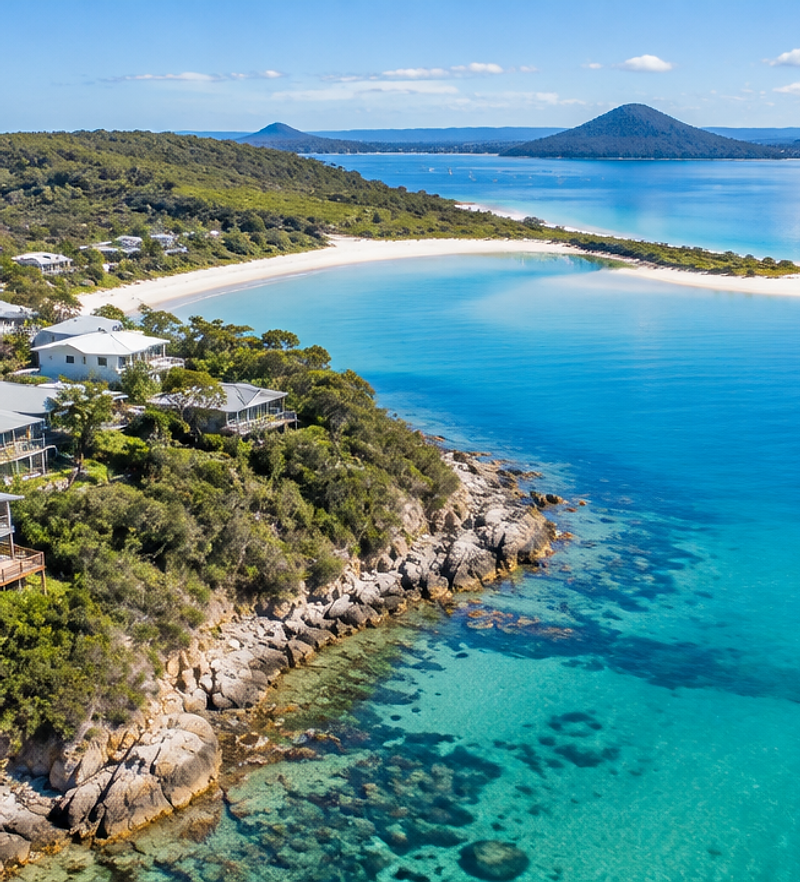 Coastal bay and sand spit at Port Stephens from the air