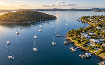Aerial view of Lake Macquarie with waterfront homes and jetties