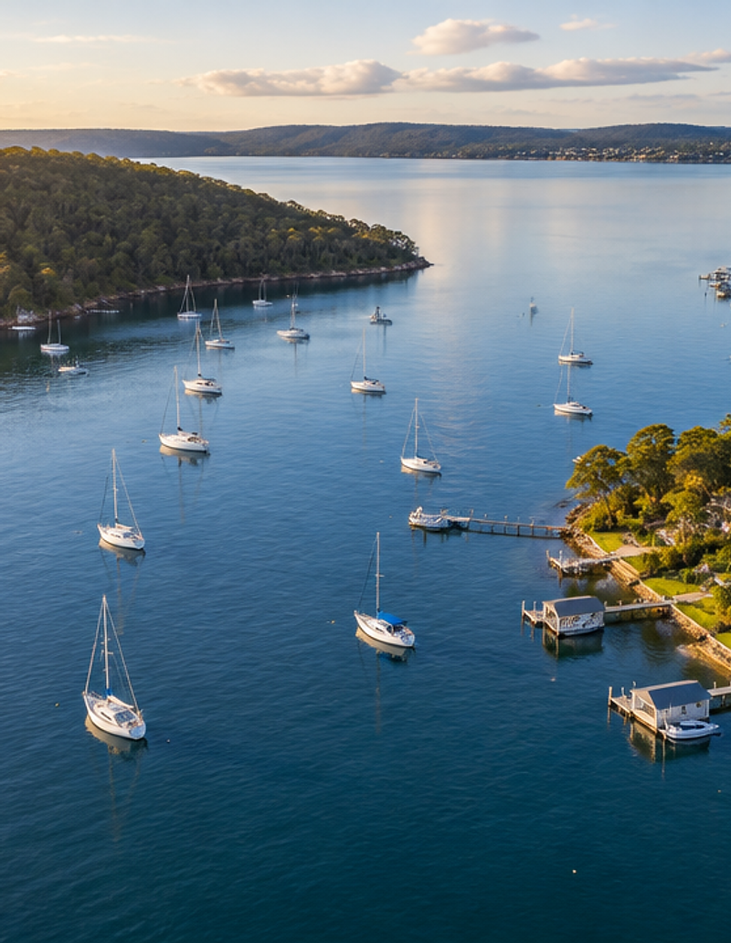 Aerial view of Lake Macquarie with waterfront homes and jetties