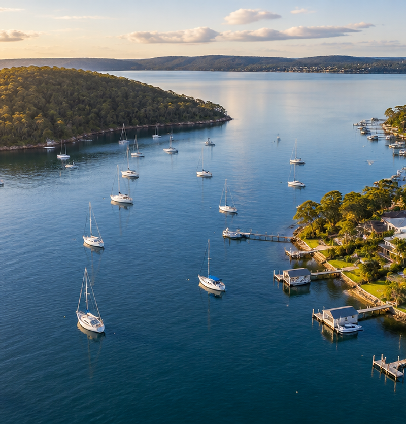 Aerial view of Lake Macquarie with waterfront homes and jetties