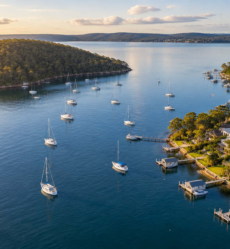 Aerial view of Lake Macquarie with waterfront homes and jetties