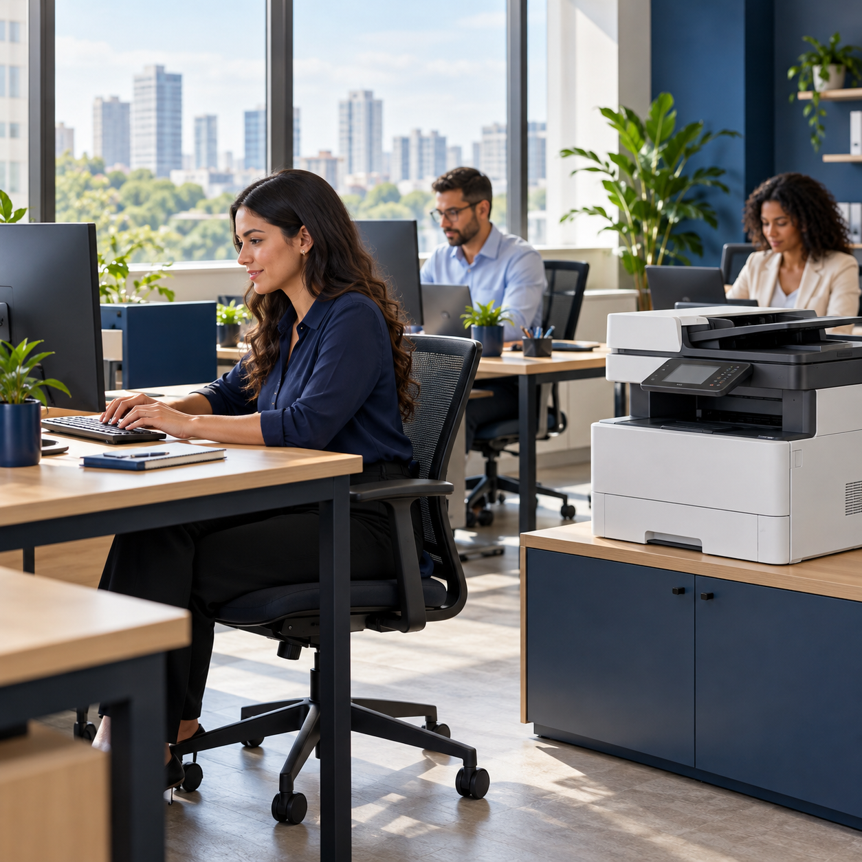 Equipe trabalhando em computadores em uma sala com impressora multifuncional