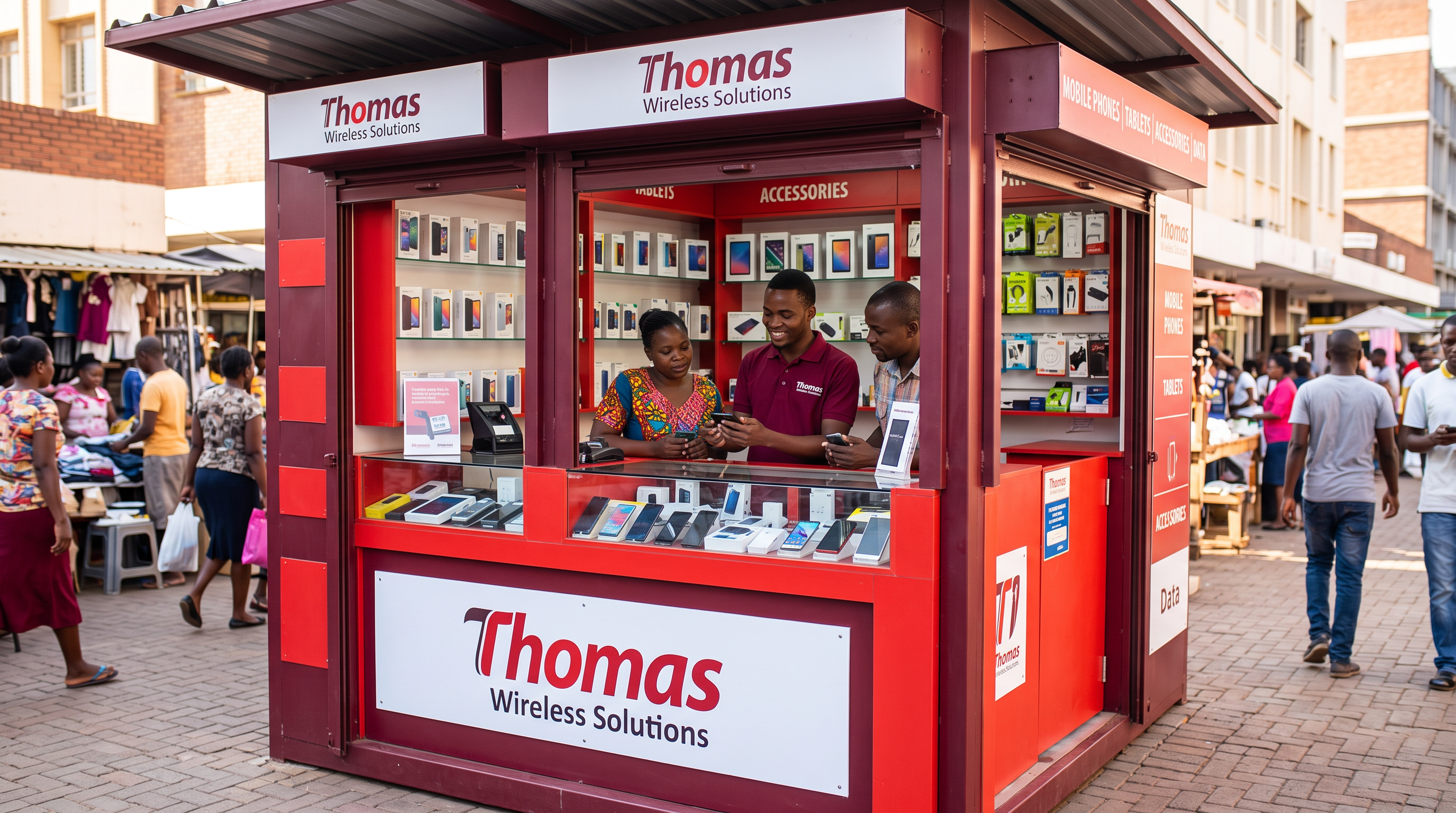 Thomas Wireless Solutions branded kiosk in a busy pedestrian market area