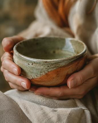 Hands holding a warm ceramic bowl