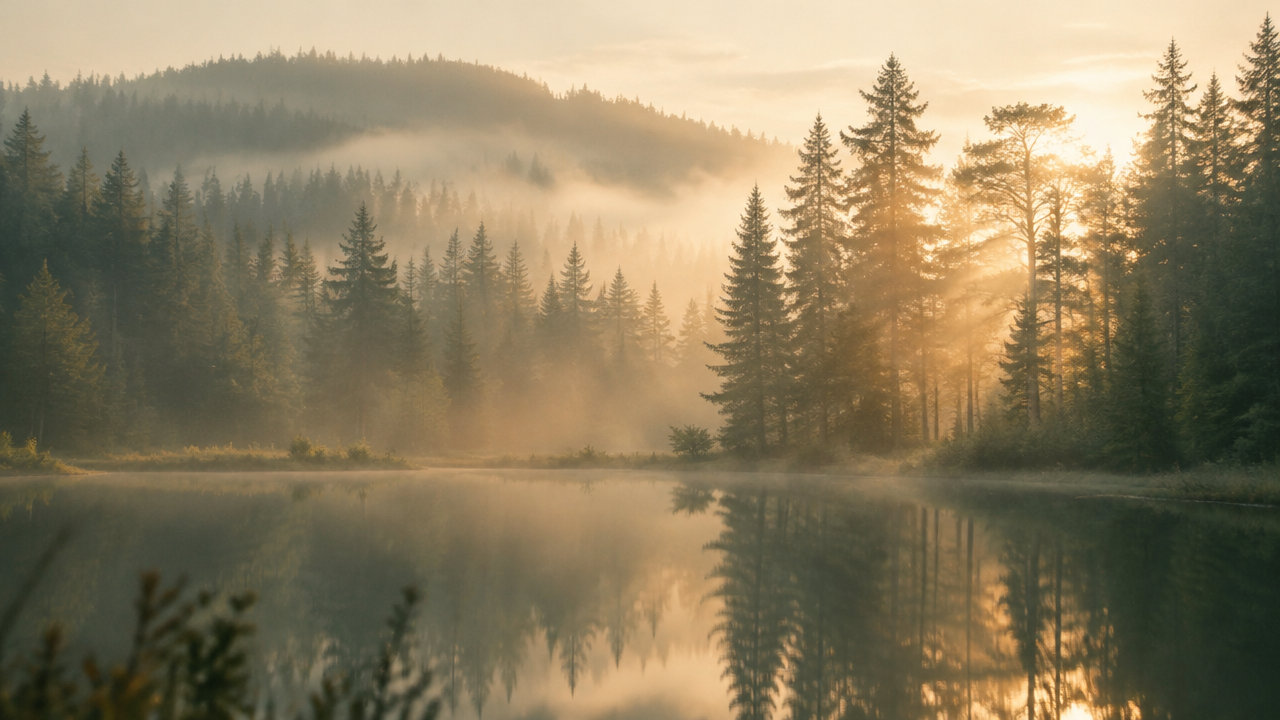 Misty forest and still lake at sunrise