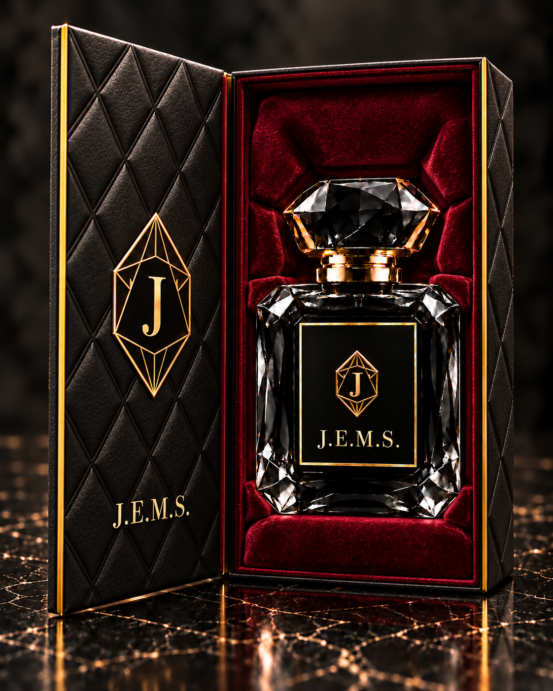 J.E.M.S. Black Diamond debut bottle and presentation box