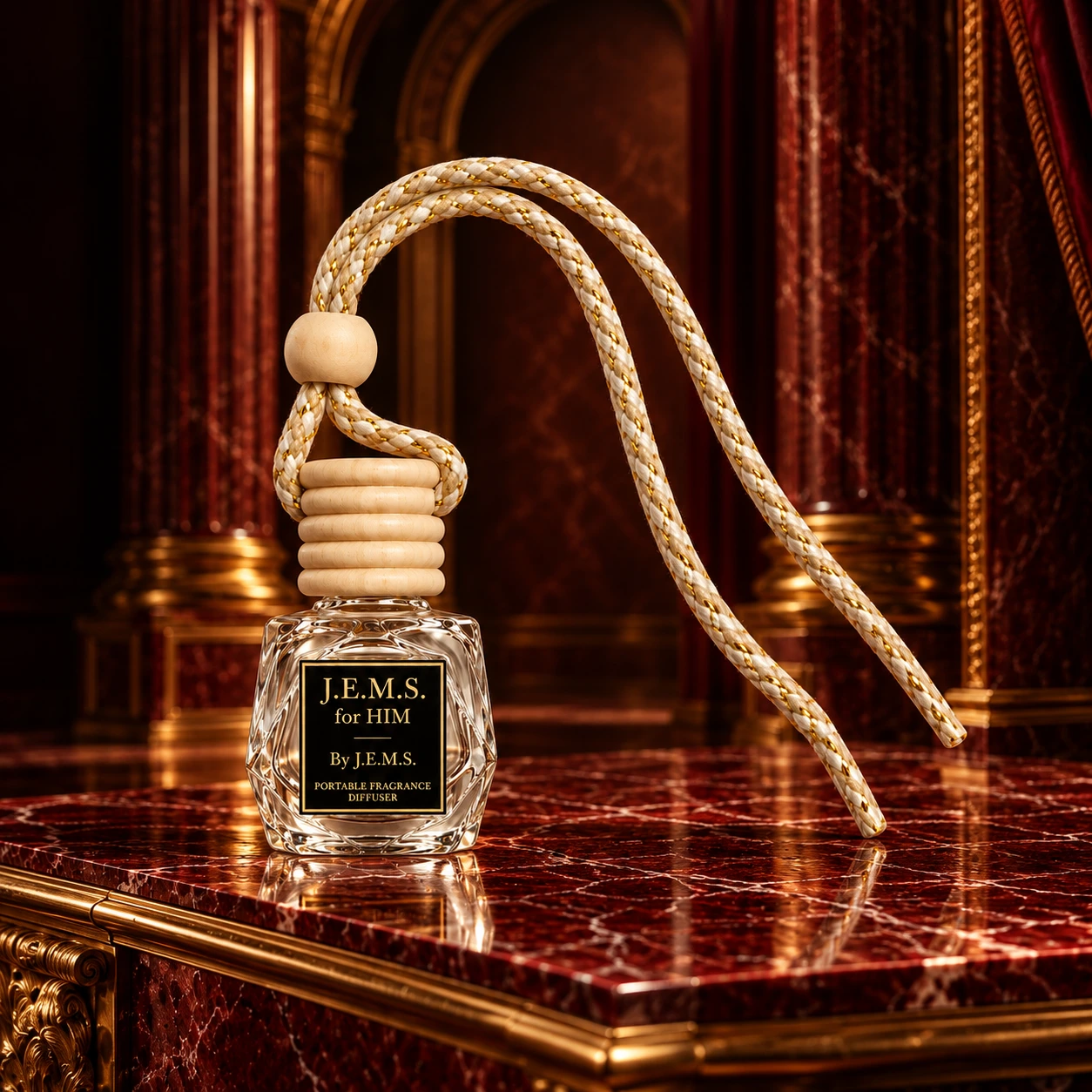 J.E.M.S. for HIM diffuser on red marble with gilded architecture