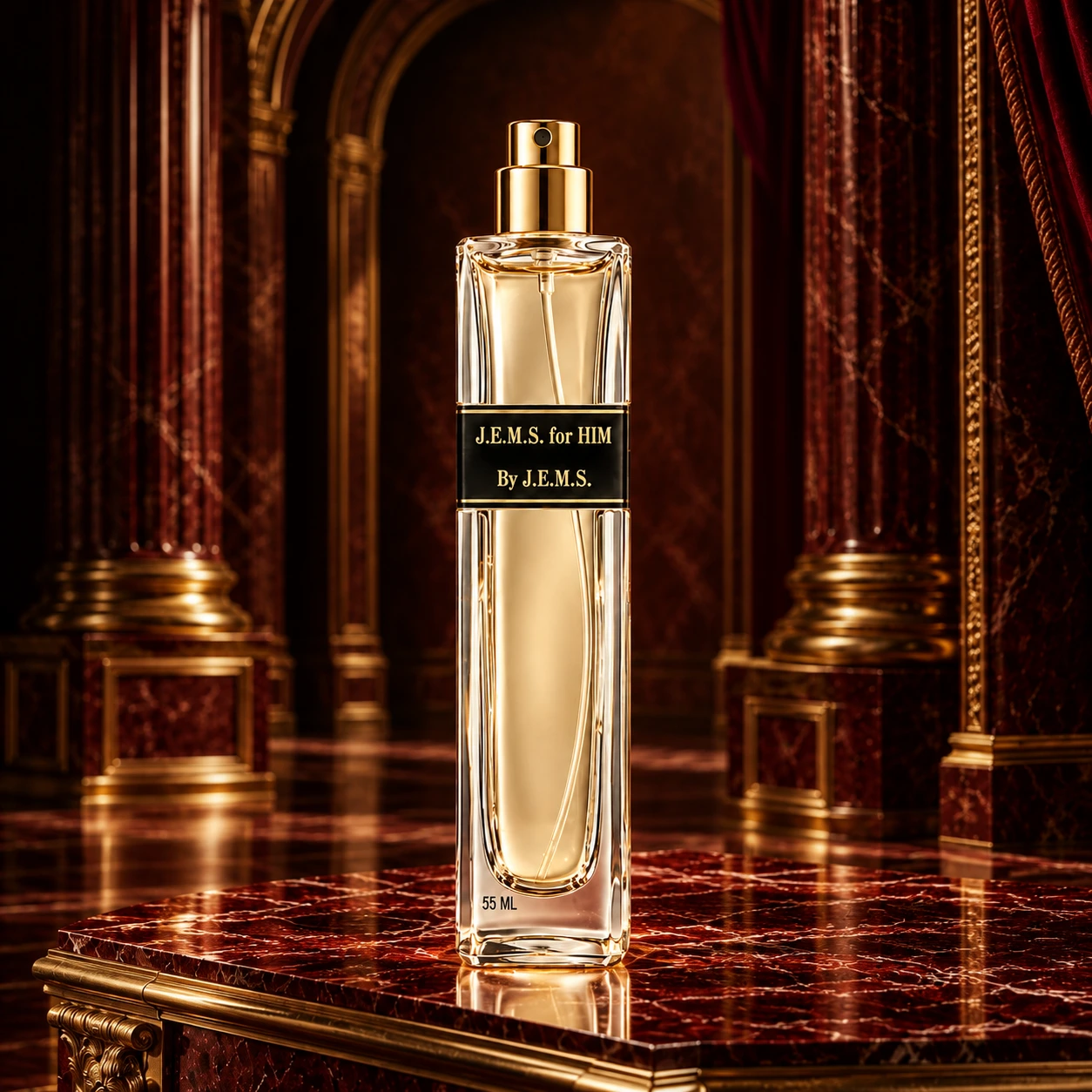 J.E.M.S. for HIM gold signature fragrance on crimson marble