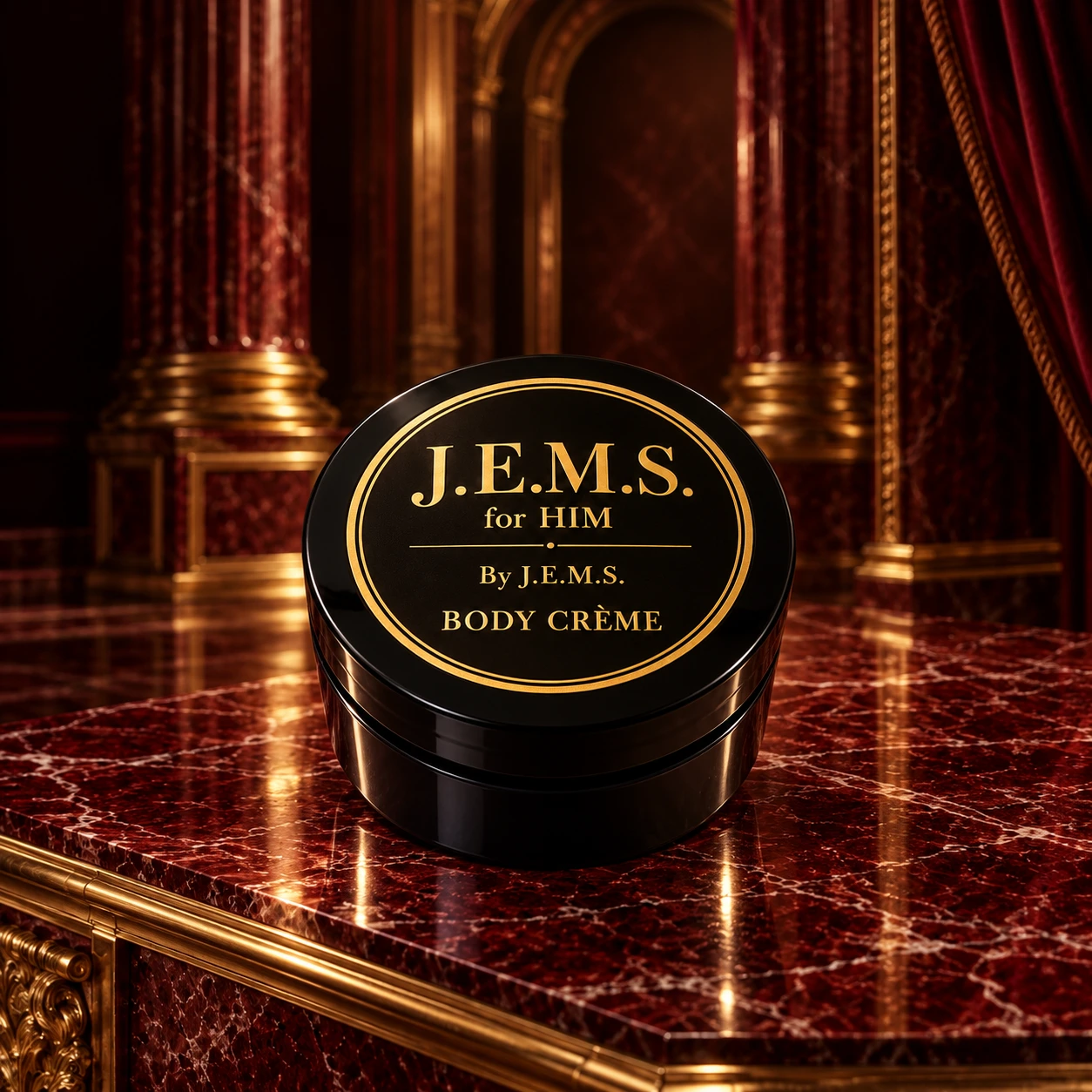 J.E.M.S. for HIM body crème in a palatial red marble setting