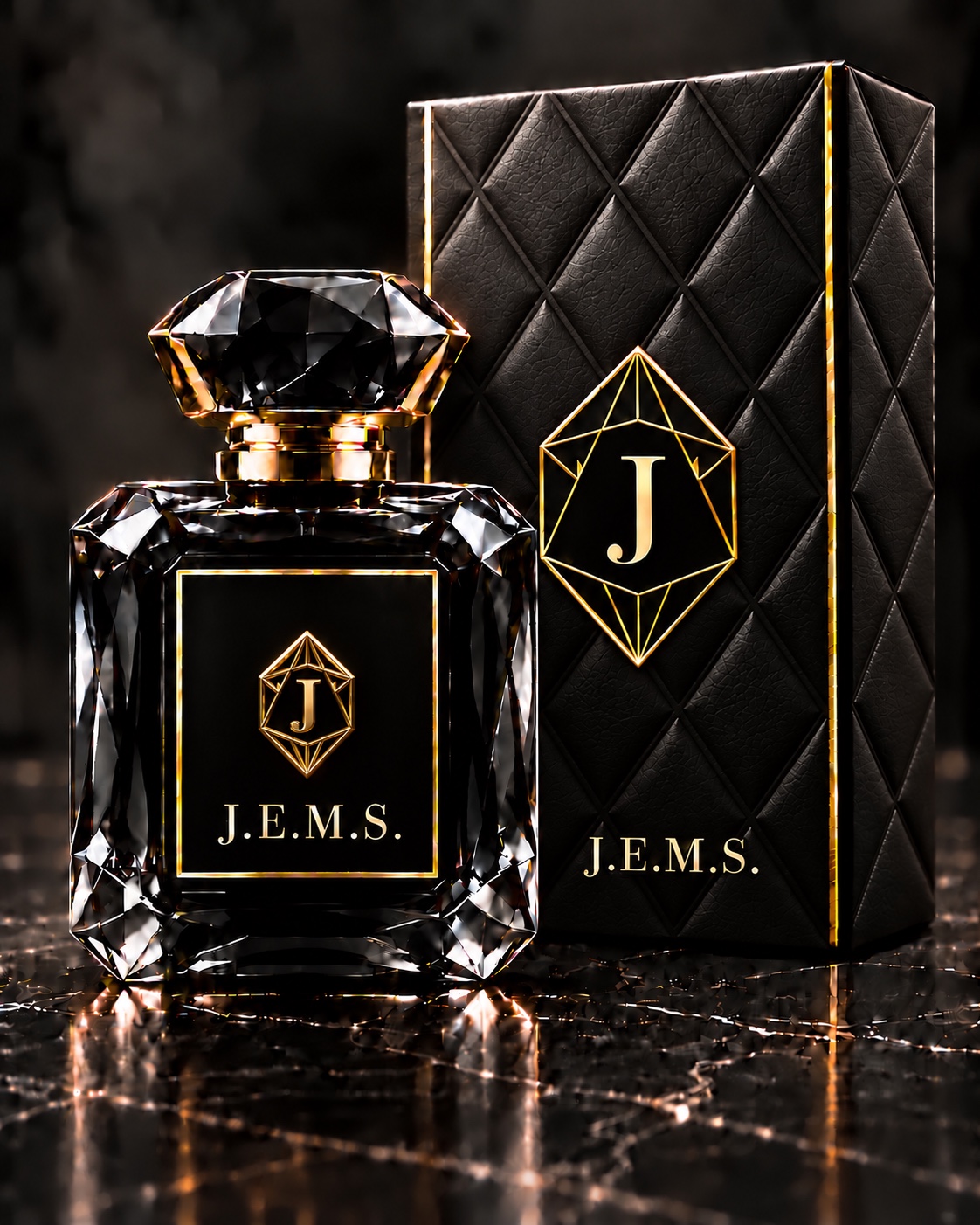 J.E.M.S. Black Diamond 55 mL faceted black fragrance bottle with champagne-gold accents and matching black presentation box