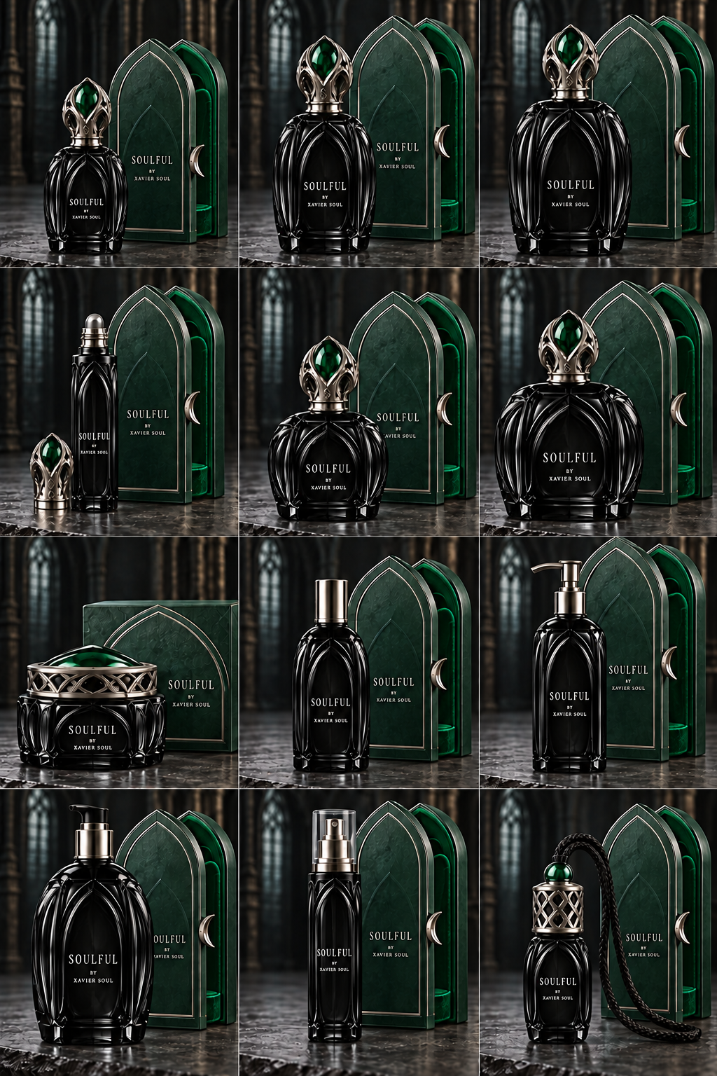Twelve SOULFUL emerald and silver bespoke product and packaging concepts