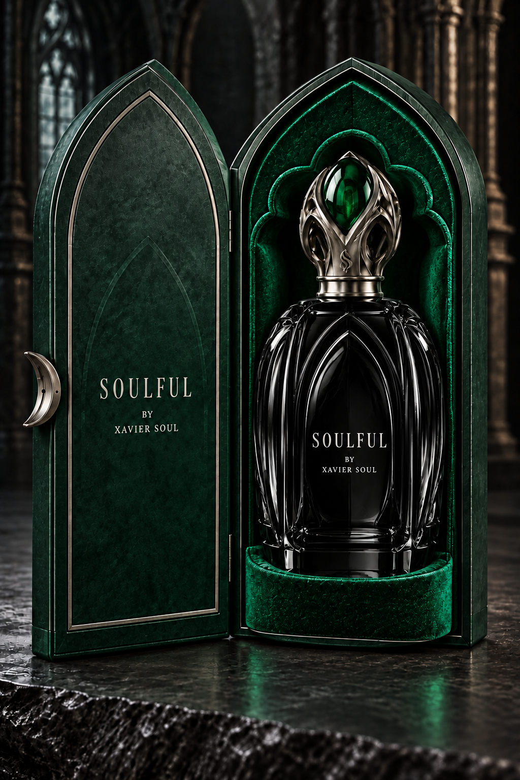 SOULFUL black glass with emerald accents and silver gothic presentation case concept