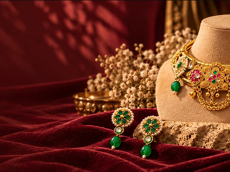 Handcrafted gold jewellery on burgundy velvet