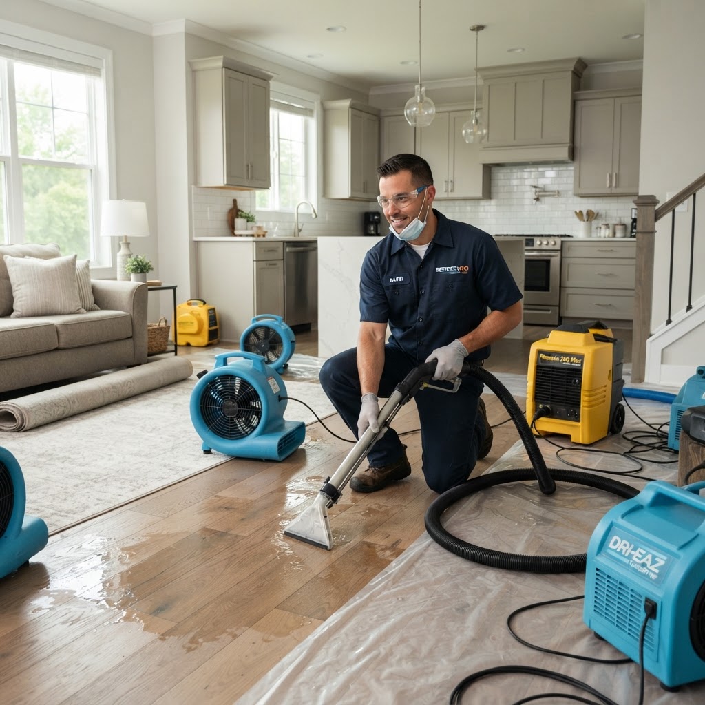 Professional remediation technician drying a water-damaged home interior