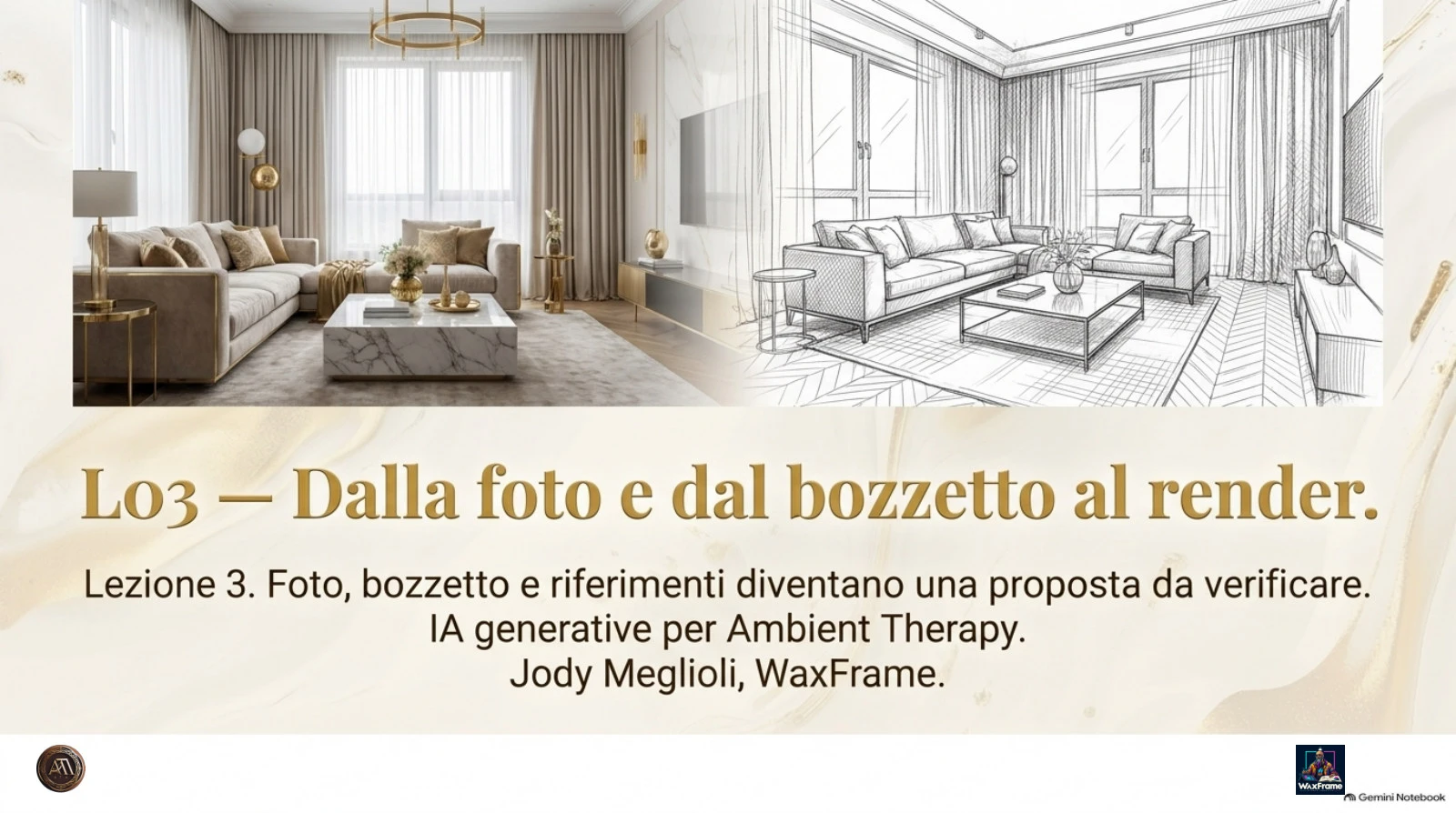Un ambiente arredato e il suo bozzetto, dai materiali originali del corso WaxFrame
