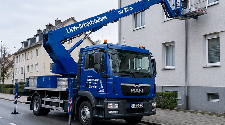 LKW-Arbeitsbühne im Einsatz an einer Gebäudefassade