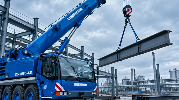 Autokran hebt eine Stahlkonstruktion auf einer Baustelle