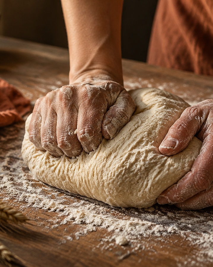 Mani che impastano il pane su un tavolo di legno infarinnato