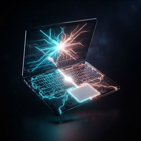 Concept rendering of the DreamBook laptop illuminated with cyan and peach circuits