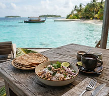 An illustrative Maldivian breakfast of mas huni, roshi flatbread, and tea beside a lagoon