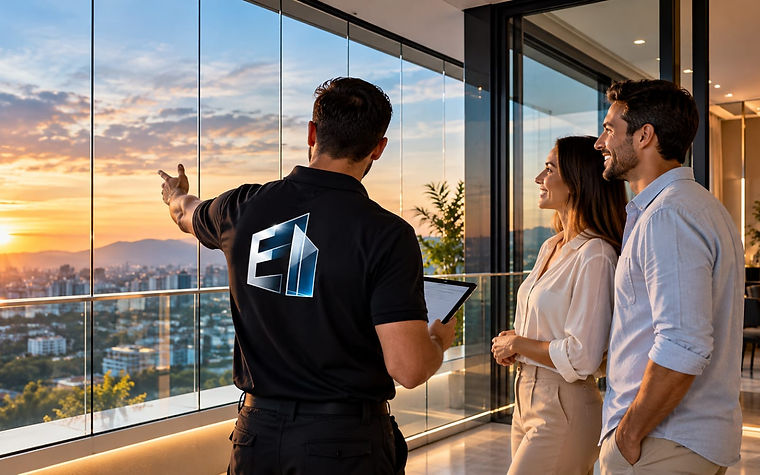 Equipe Efatá Glass apresentando um projeto de vidro a clientes