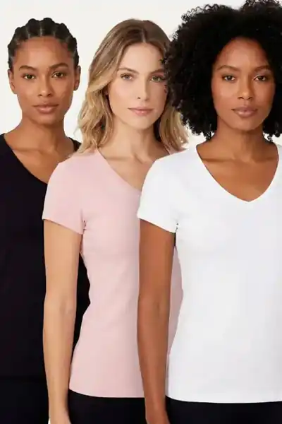 Kit 3 Camisetas Femininas Gola V Polo Wear Sortido