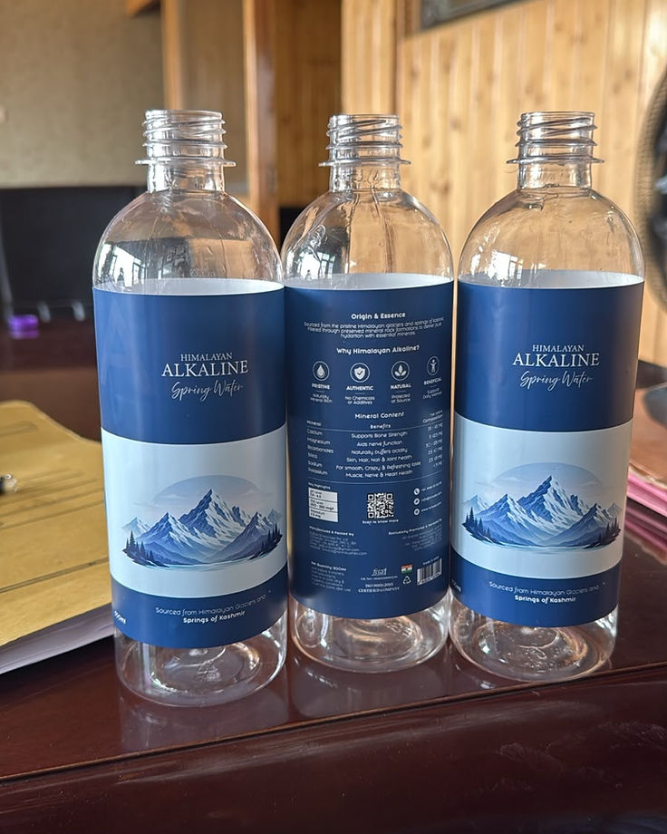 Himalayan Alkaline bottles showing the Kashmir mountain label