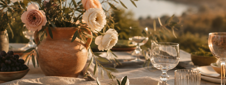 A wedding table set with linen, clay ceramics and garden roses at golden hour