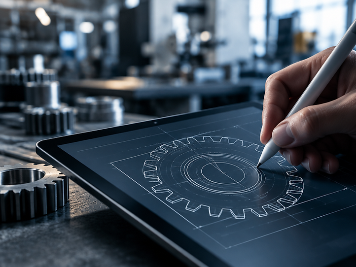 Diseñador preparando un plano técnico digital de una pieza metálica