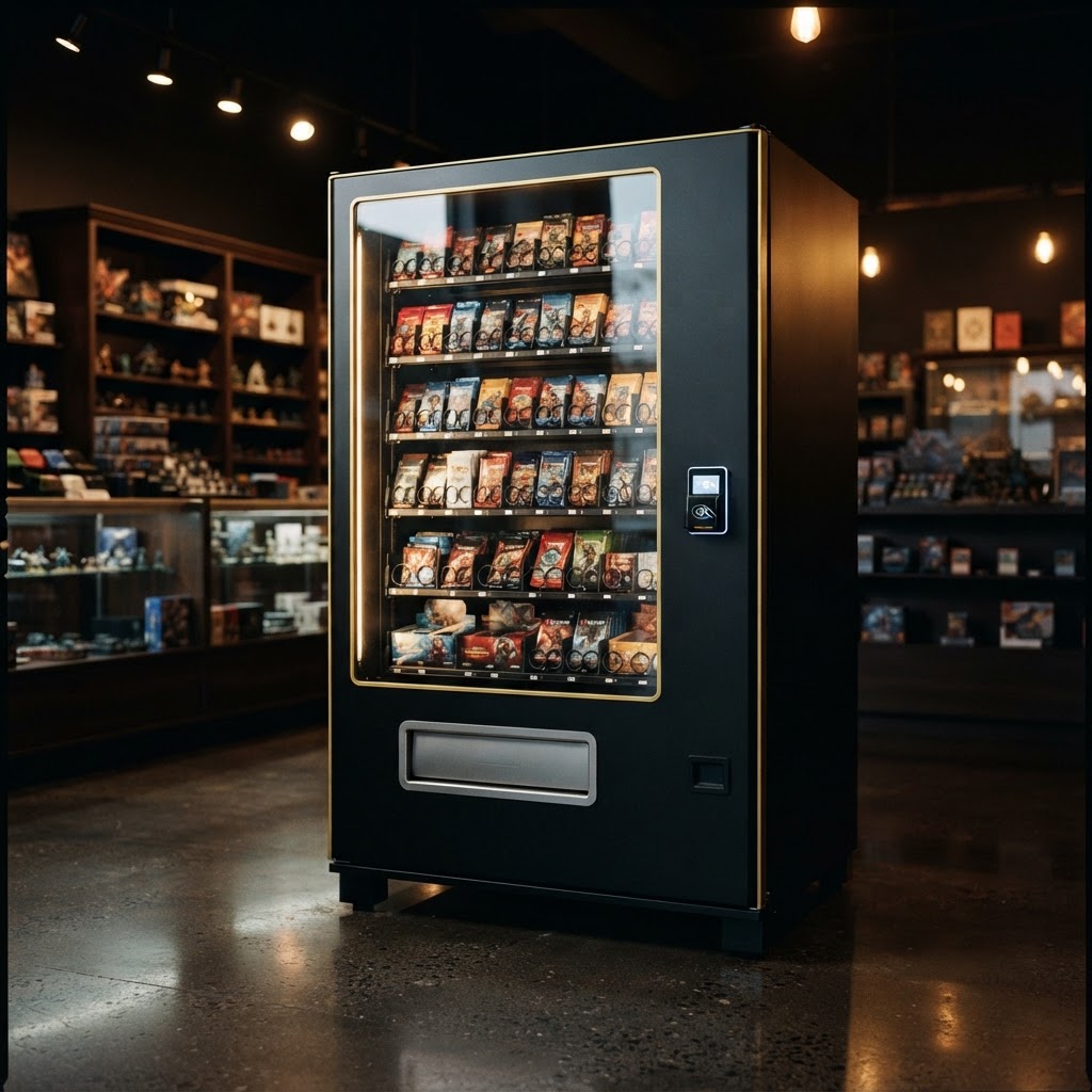 A black vending machine stocked with sealed trading card packs